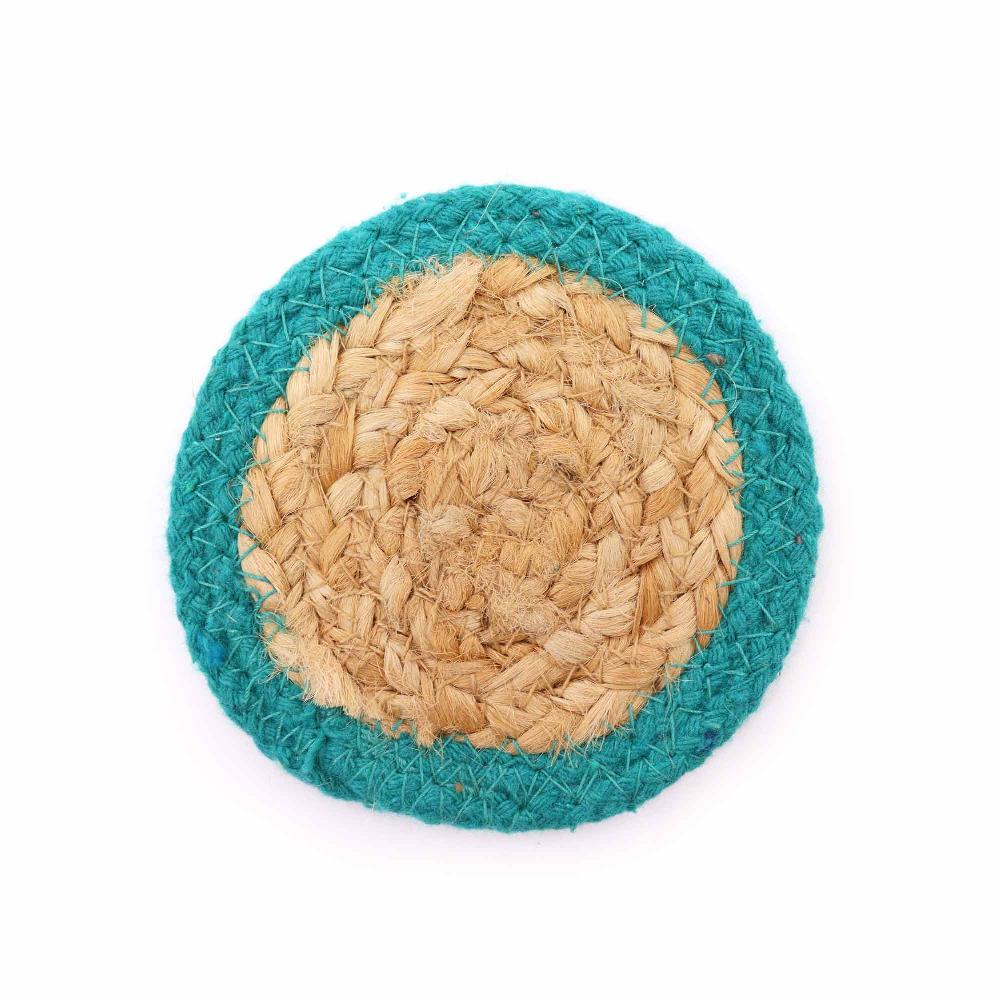 ancient wisdom Natural Coaster - Jute & Cotton 10cm (set of 4) - Teal Boarder