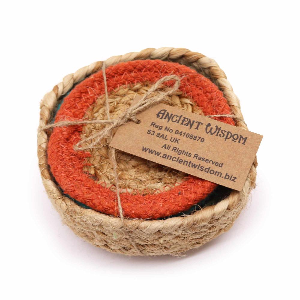ancient wisdom Natural Coaster - Jute & Cotton 10cm (set of 6) Mixed colours in basket