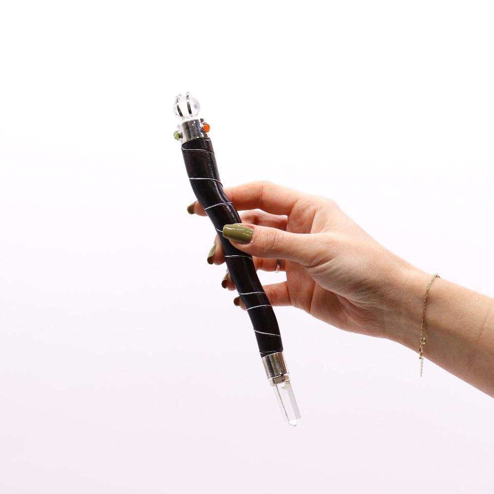 Ancient Wisdom Natural Curved Wood And Rock Quartz Wand