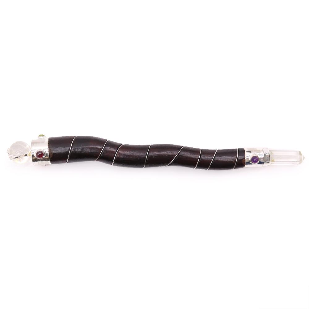 ancient wisdom Natural Curved Wood and Rock Quartz Wand