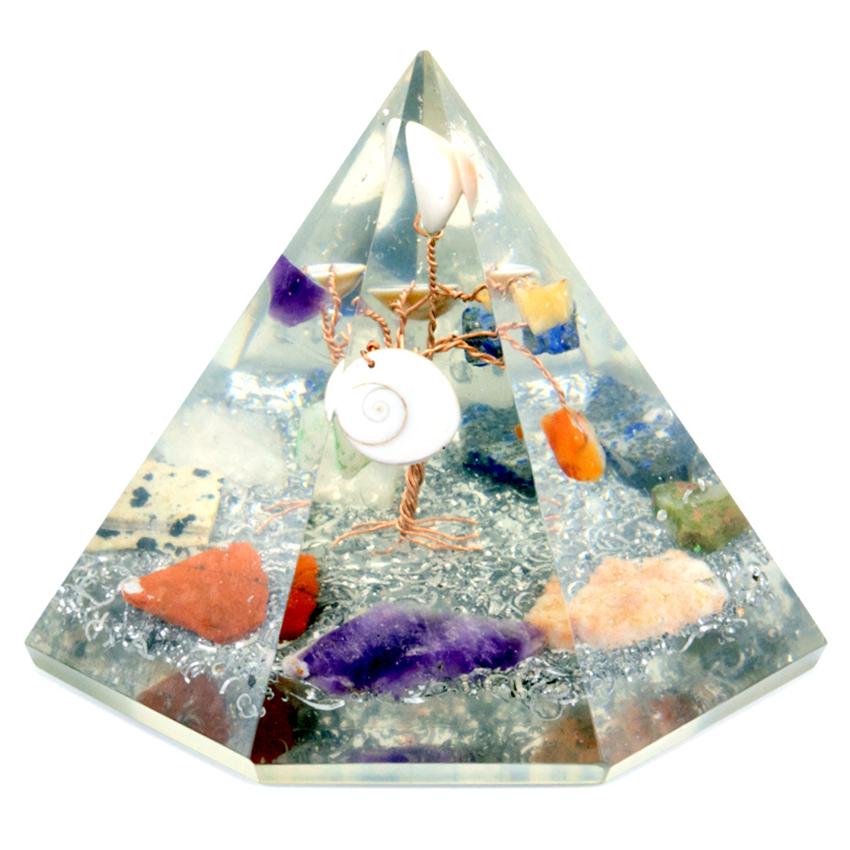 ancient wisdom Orgonite 7 sided Pyramid - Gemstone Wisdom Tree - 90 mm