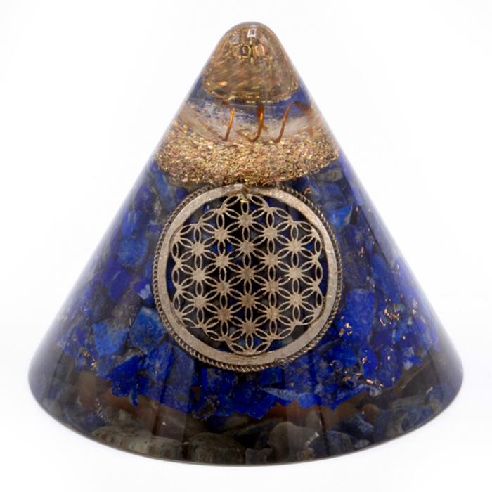 ancient wisdom Orgonite Cone - Lapis Flower of Life - Suspended Quartz - 90 mm