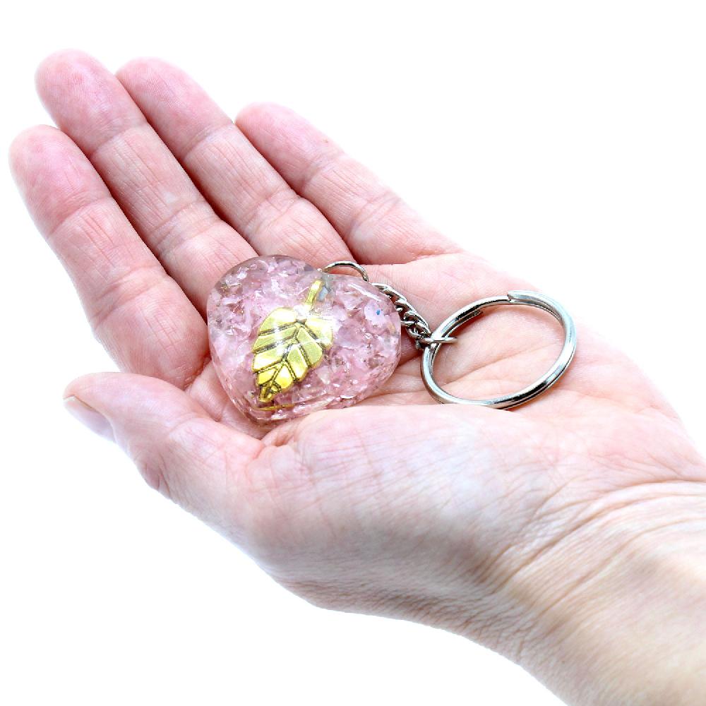 Ancient Wisdom Orgonite Power Keyring - Rose Quartz Heart Golden Leaf