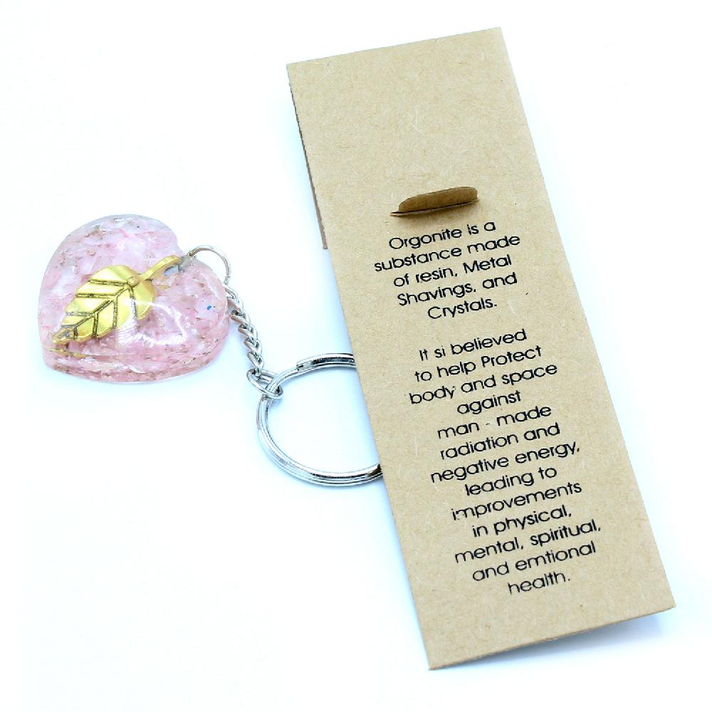 Ancient Wisdom Orgonite Power Keyring - Rose Quartz Heart Golden Leaf