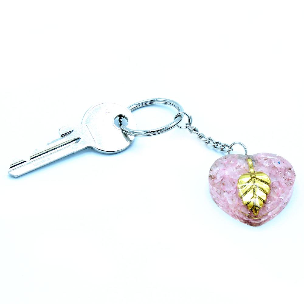Ancient Wisdom Orgonite Power Keyring - Rose Quartz Heart Golden Leaf