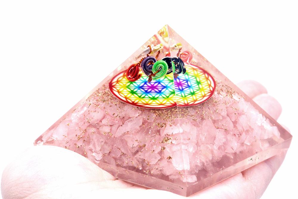 Ancient Wisdom Orgonite Pyramid - Rose Quartz Rainbow Flower Of Life - 70 Mm
