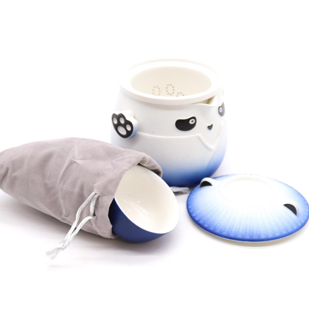 Ancient Wisdom Panda Teapot Set & Three Cups - Sky Blue