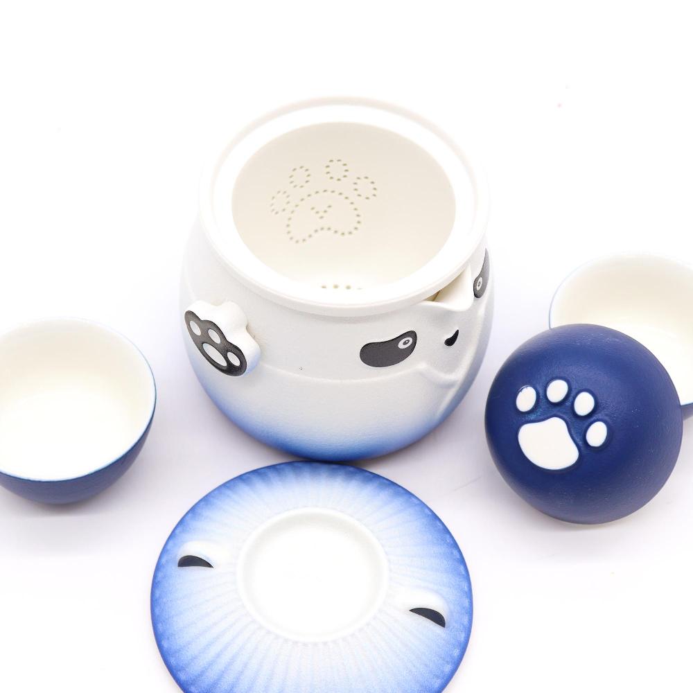 Ancient Wisdom Panda Teapot Set & Three Cups - Sky Blue