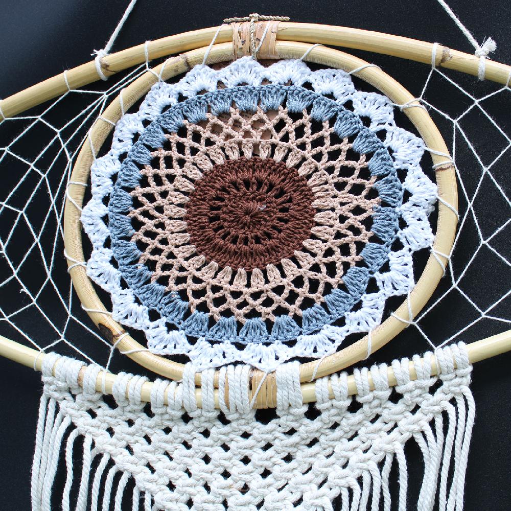 Ancient Wisdom Protection Dream Catcher - Lrg Macrame Evil Eye White/ Grey/Brown