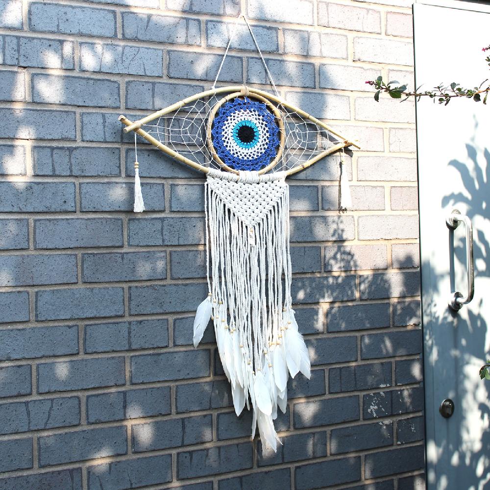 Ancient Wisdom Protection Dream Catcher - Lrg Macrame Evil Eye White/ Grey/Brown