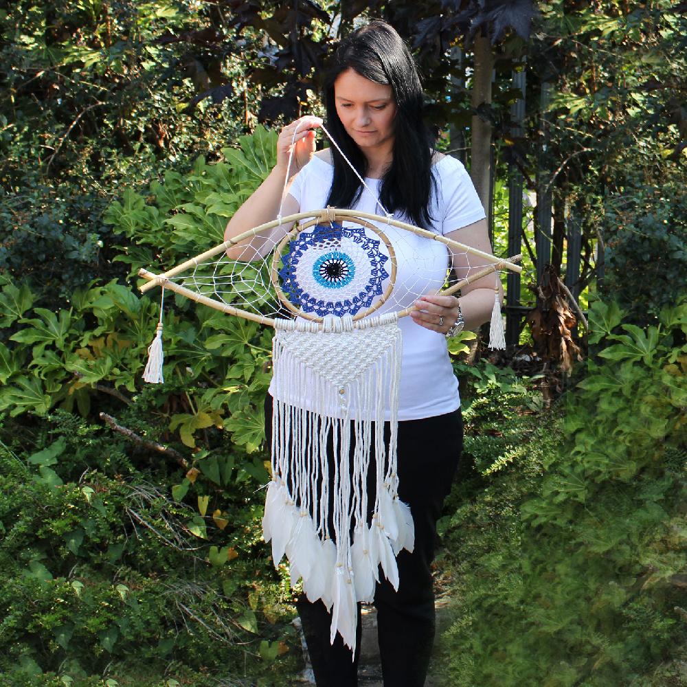 Ancient Wisdom Protection Dream Catcher - Lrg Macrame Evil Eye White/ Blue/Grey