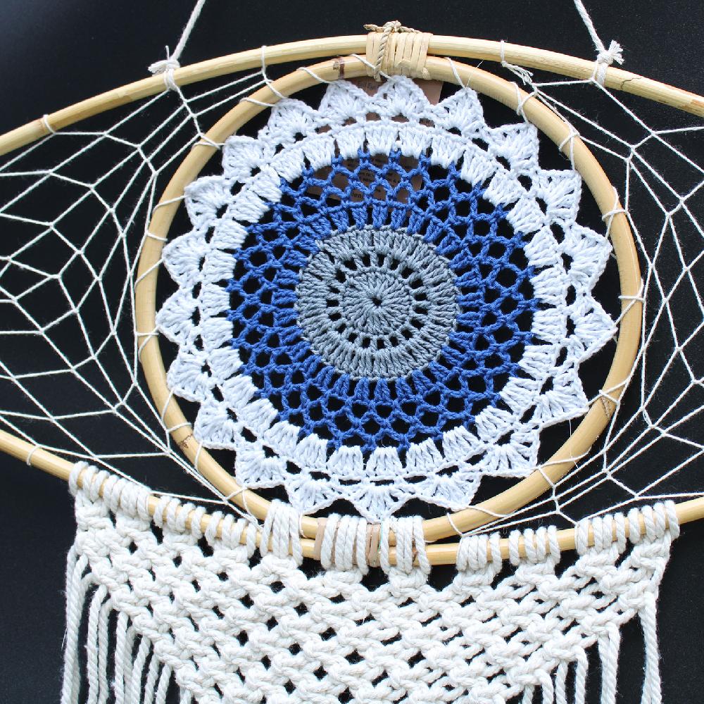 Ancient Wisdom Protection Dream Catcher - Lrg Macrame Evil Eye White/ Blue/Grey