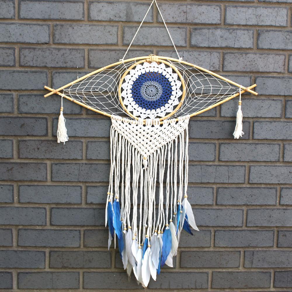 ancient wisdom Protection Dream Catcher - Lrg Macrame Evil Eye White/ Blue/Grey