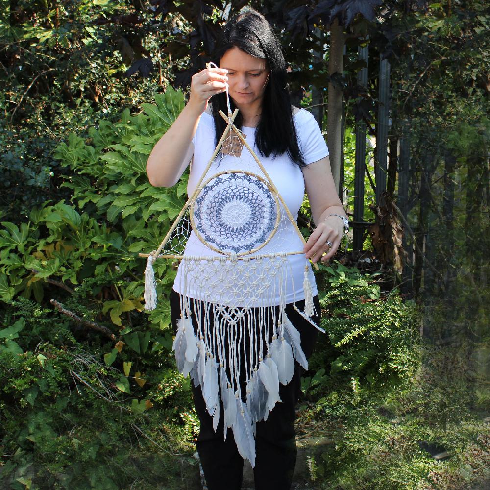 Ancient Wisdom Protection Dream Catcher - Lrg Macrame Pyramid White/Grey