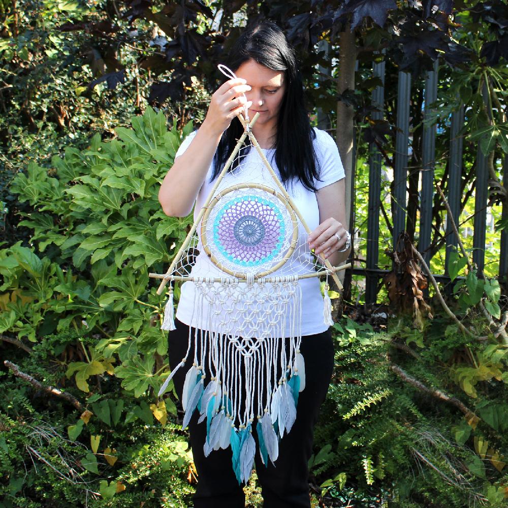 Ancient Wisdom Protection Dream Catcher - Lrg Macrame Pyramid White/Turquoise