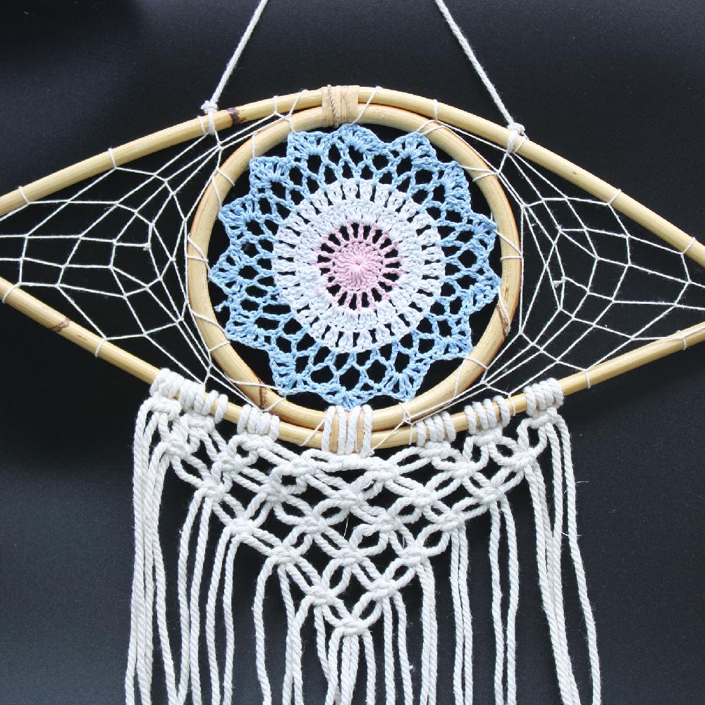 Ancient Wisdom Protection Dream Catcher - Med Macrame Evil Eye Blue/White/Pink