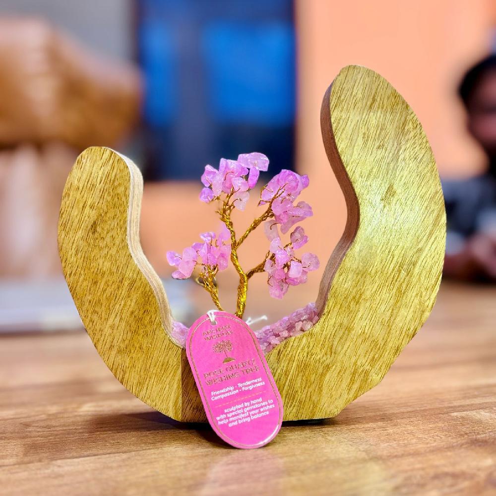 ancient wisdom Roze Quartz Gemstone Tree Garden in Mango Wood Open Ring - 60 Stones