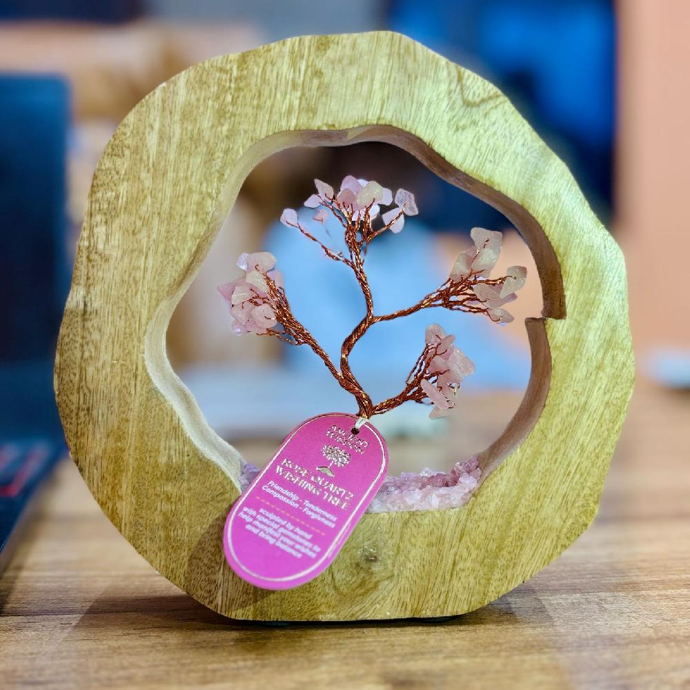 ancient wisdom Roze Quartz Gemstone Tree Garden in Mango Wood Ring - 60 Stones