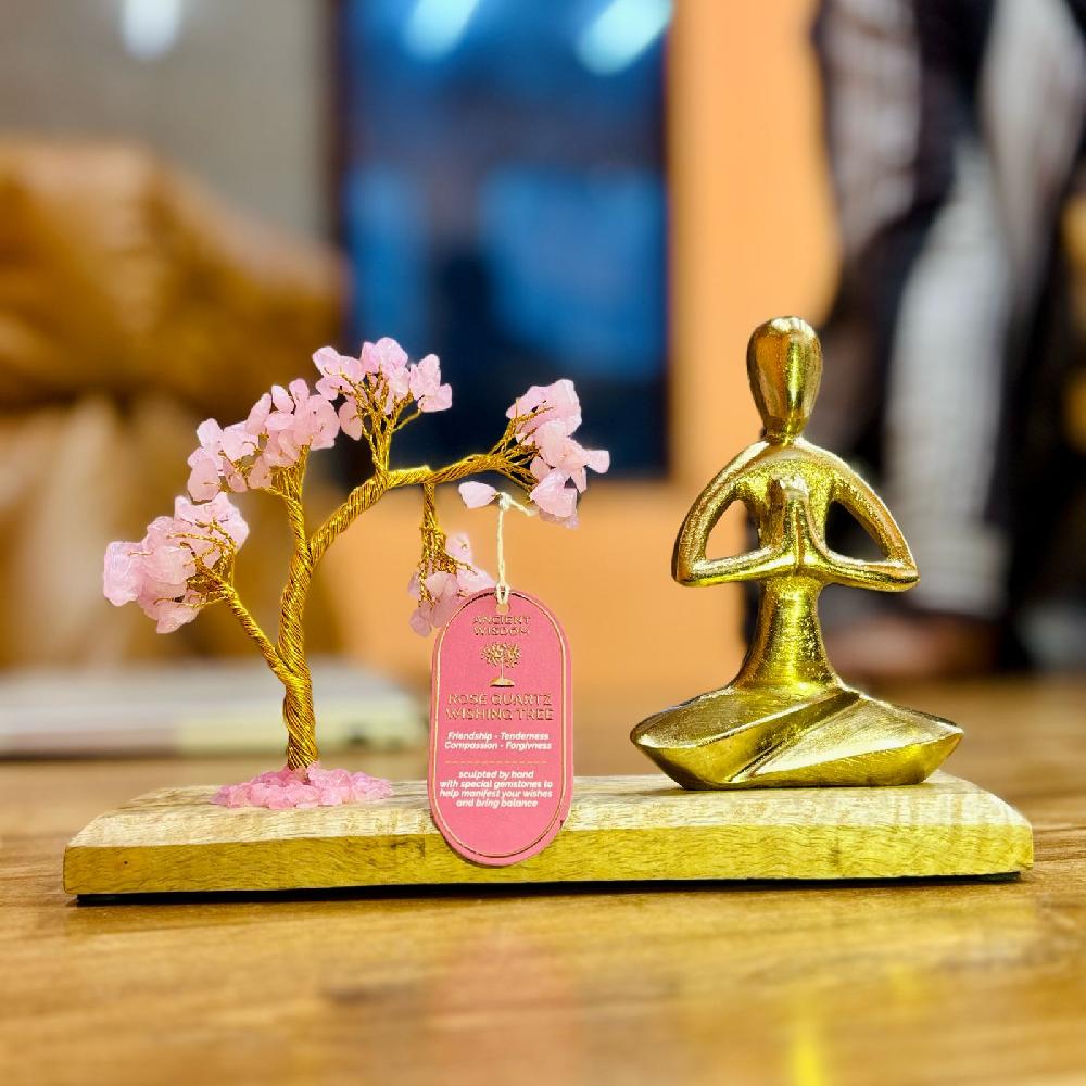 ancient wisdom Roze Quartz Gemstone Yoga Garden Tilted Tree - Namaste Pose - 100 Stones