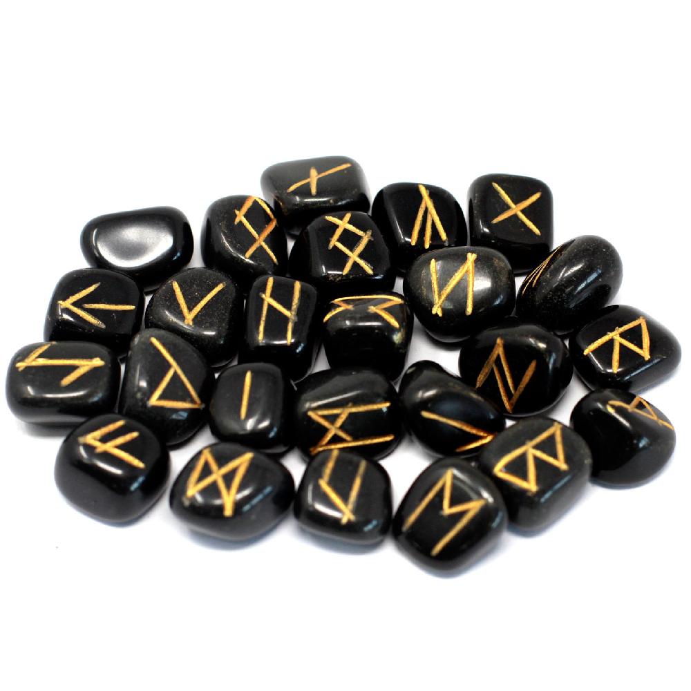 Ancient Wisdom Runes Stone Set In Pouch - Black Agate