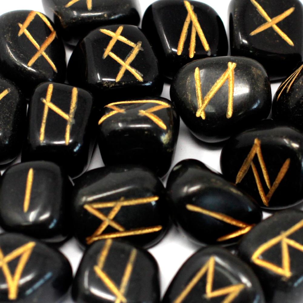ancient wisdom Runes Stone Set in Pouch - Black Agate