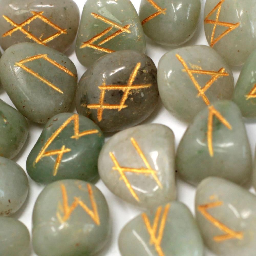 ancient wisdom Runes Stone Set in Pouch - Green Aventurine