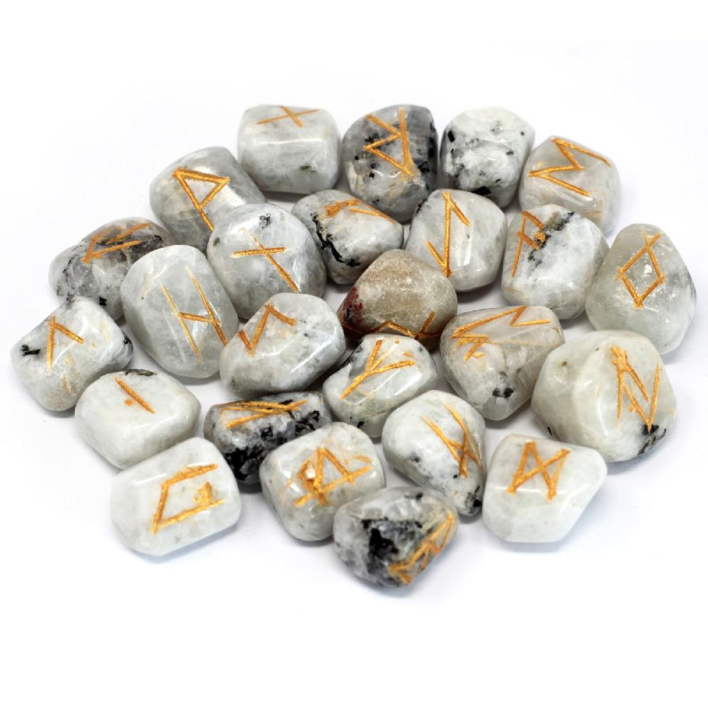 Ancient Wisdom Runes Stone Set In Pouch - Rainbow Moonstone