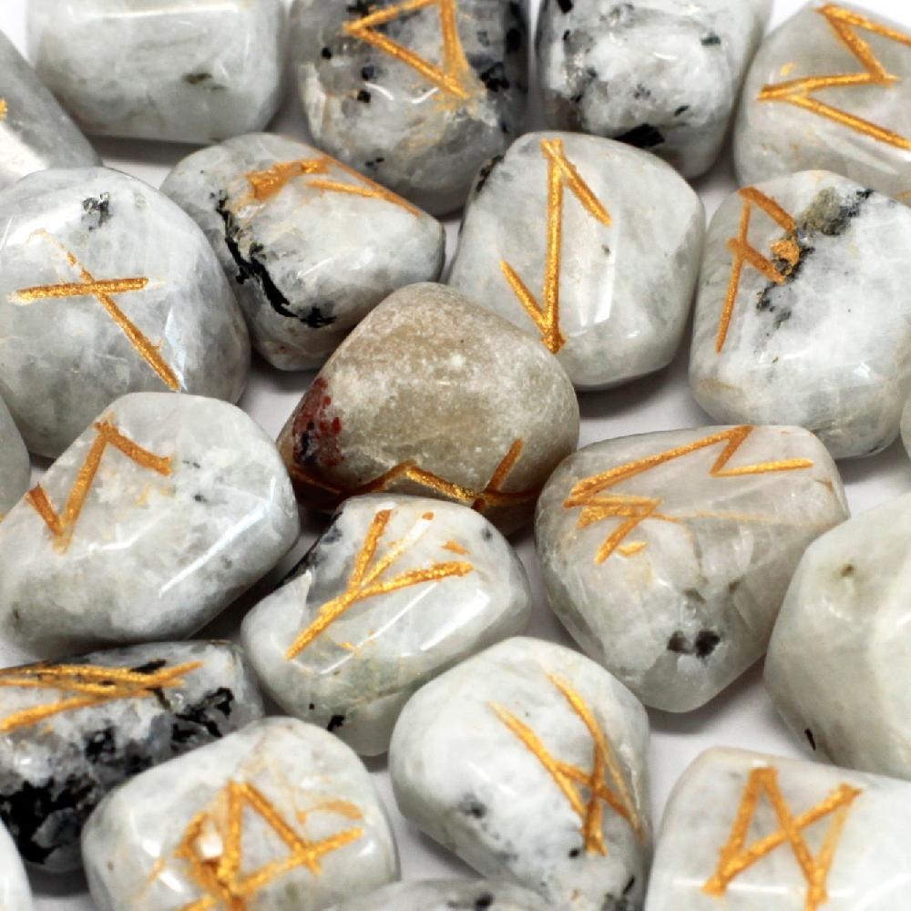 ancient wisdom Runes Stone Set in Pouch - Rainbow Moonstone