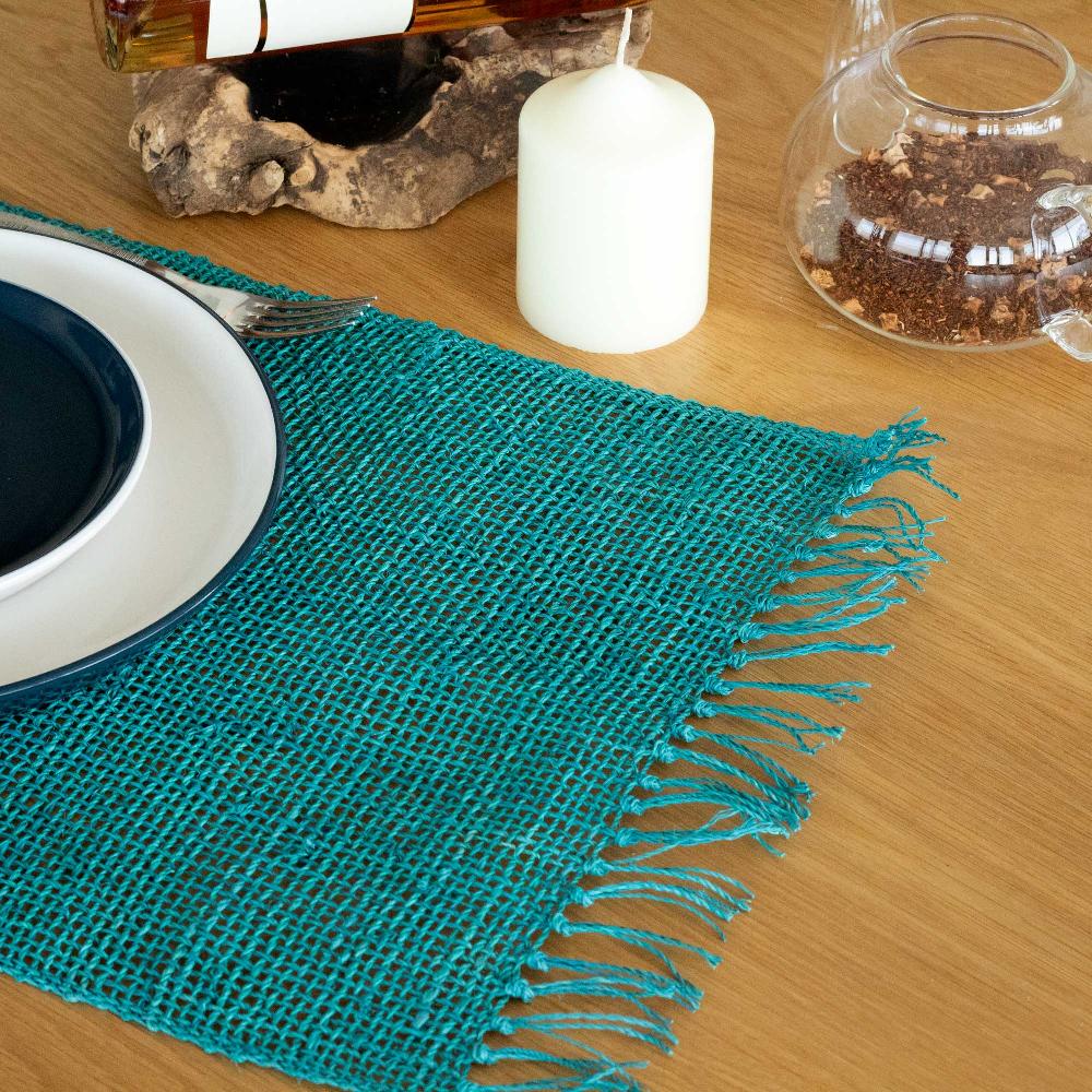 ancient wisdom Seagrass Fringe Natural Placemat - Turquoise