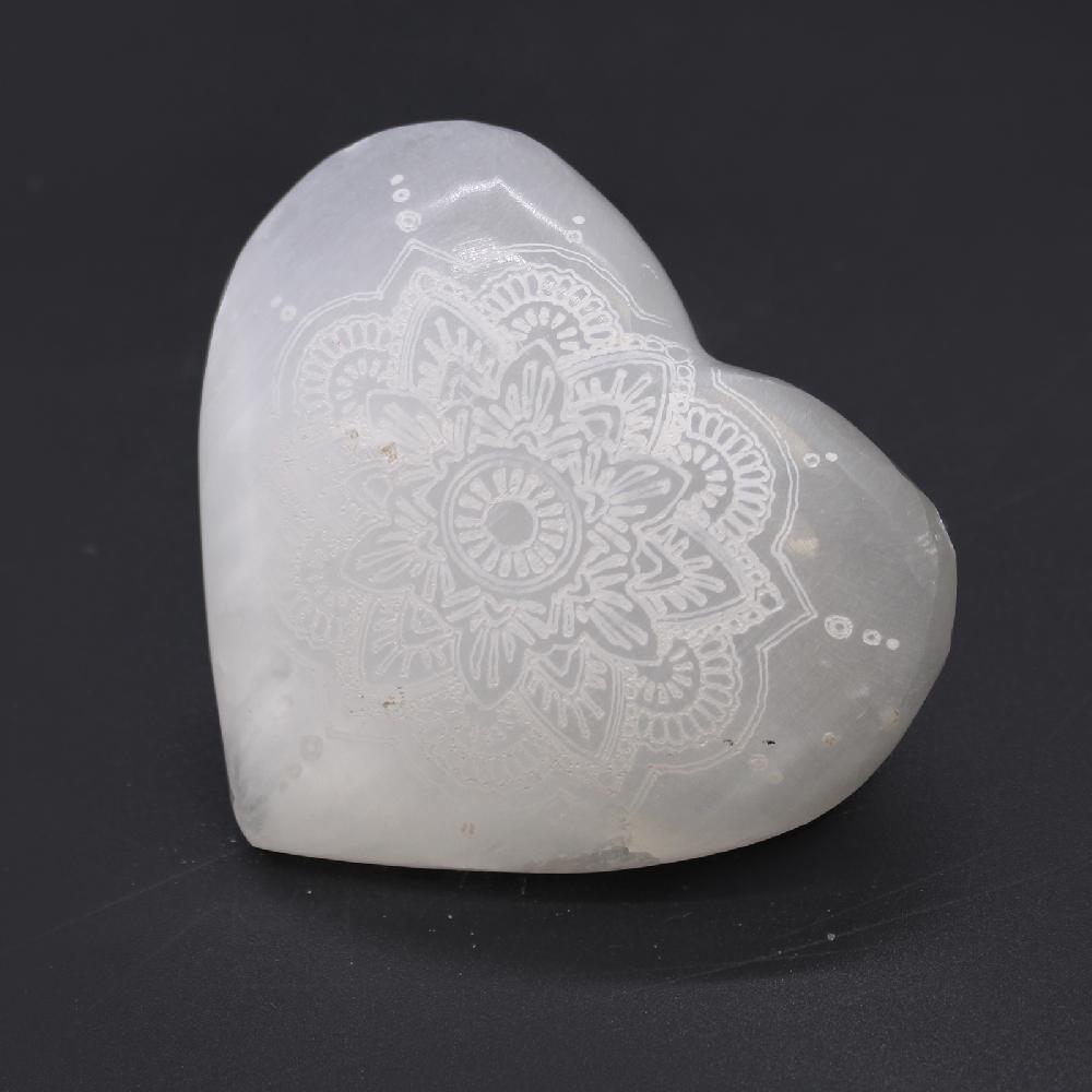 Ancient Wisdom Selenite Heart - 7-8cm - Mandala Engraved