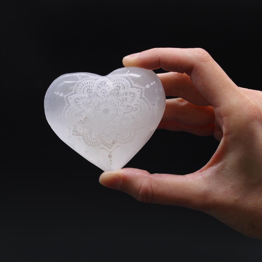 Ancient Wisdom Selenite Heart - 7-8cm - Mandala Engraved