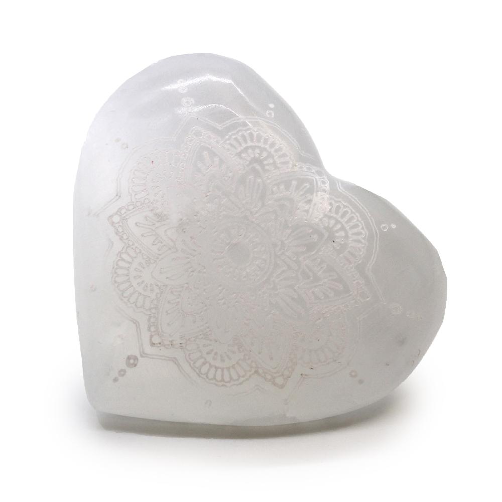 ancient wisdom Selenite Heart - 7-8cm - Mandala Engraved