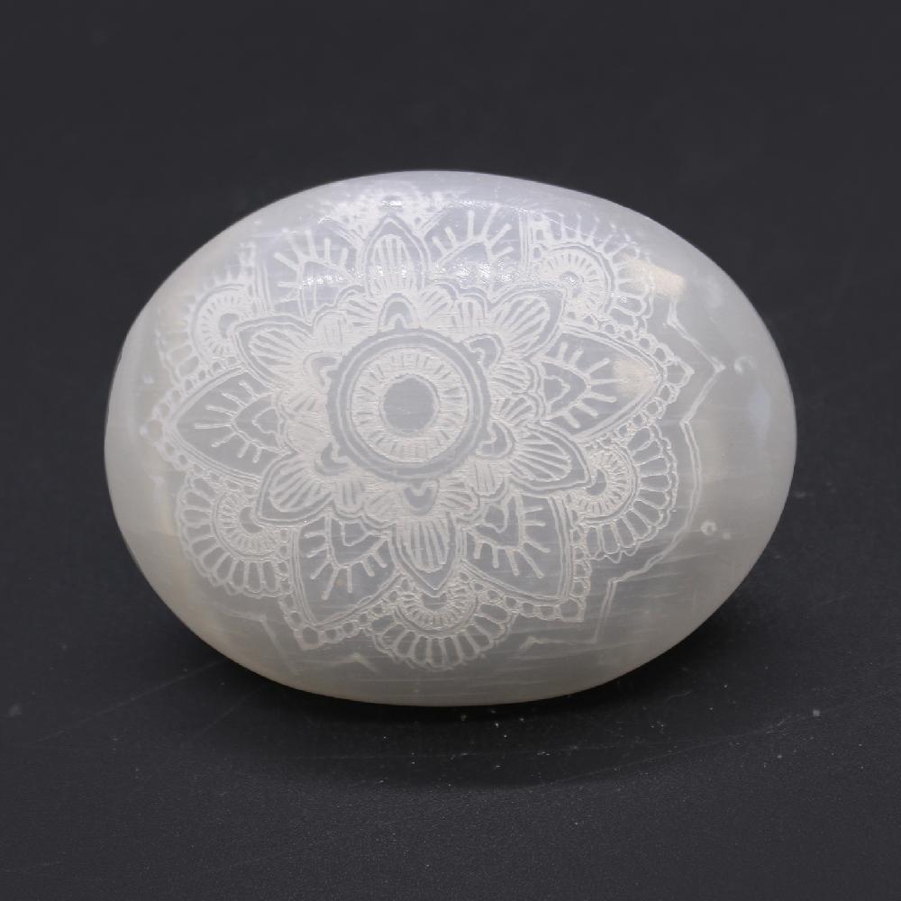 Ancient Wisdom Selenite Palm Stone - Mandala Engraved