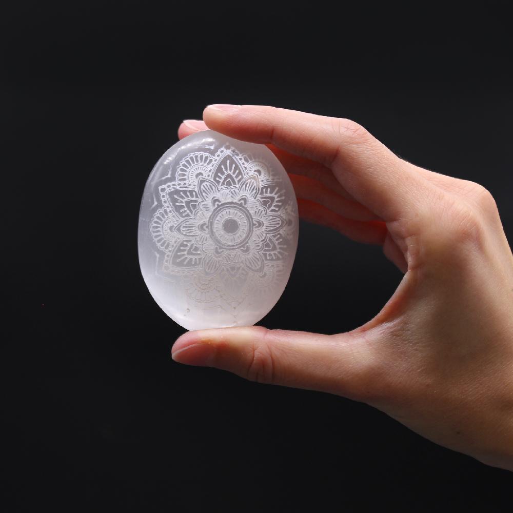 Ancient Wisdom Selenite Palm Stone - Mandala Engraved