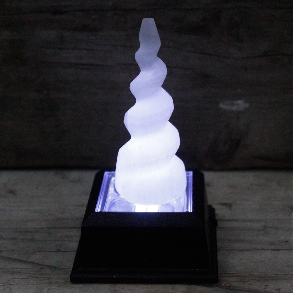 Ancient Wisdom Selenite Spiral Unicorn Horn Tower - 10 Cm