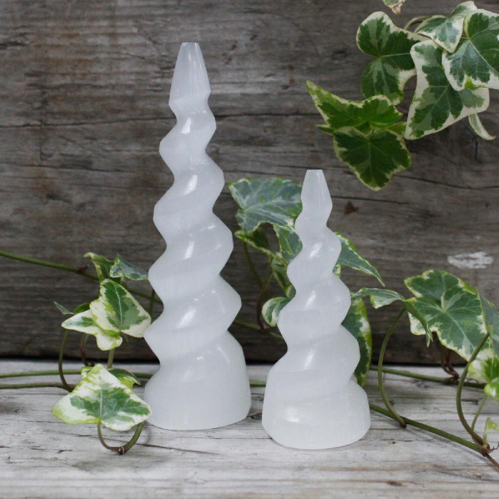 Ancient Wisdom Selenite Spiral Unicorn Horn Tower - 10 Cm