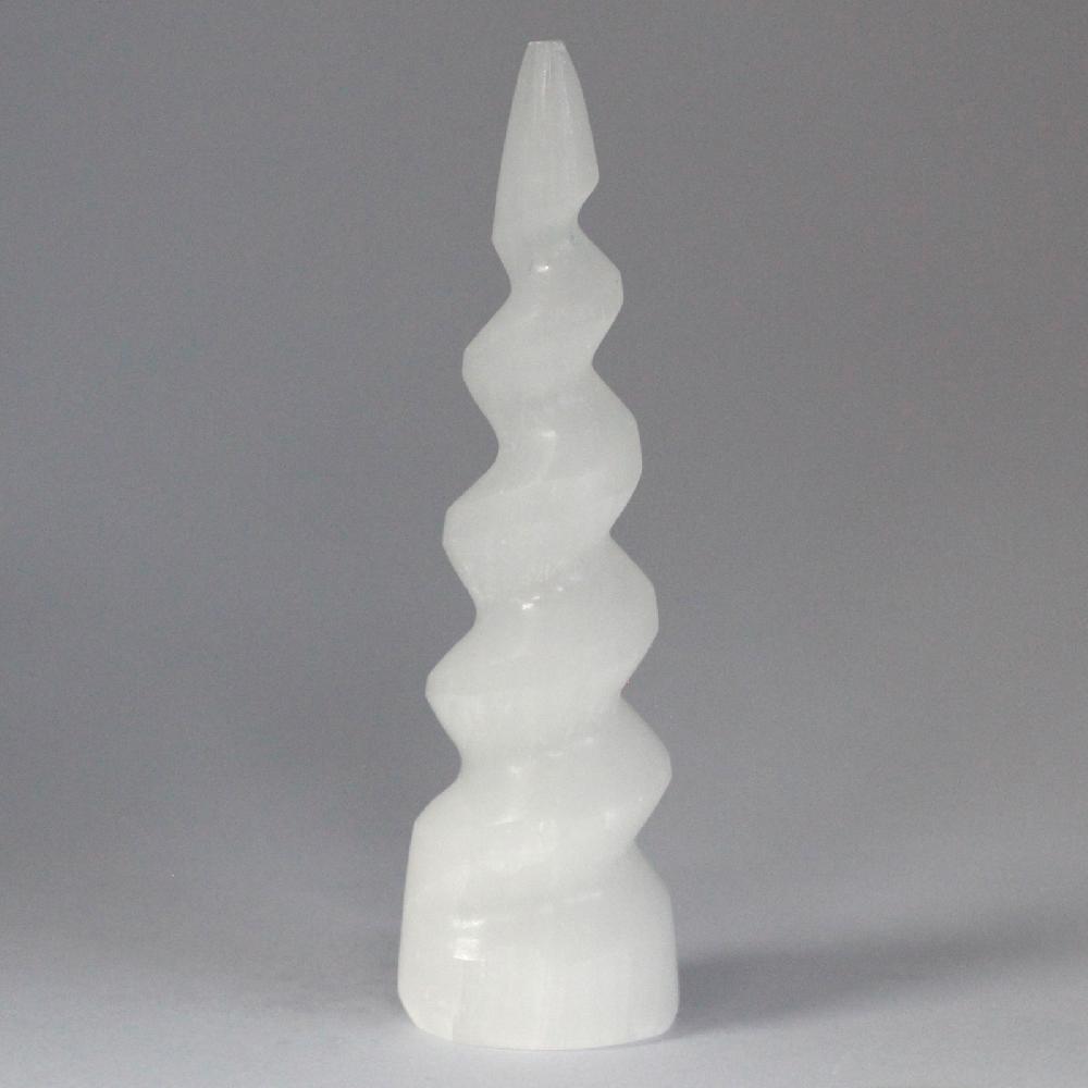 Ancient Wisdom Selenite Spiral Unicorn Horn Tower - 15 Cm