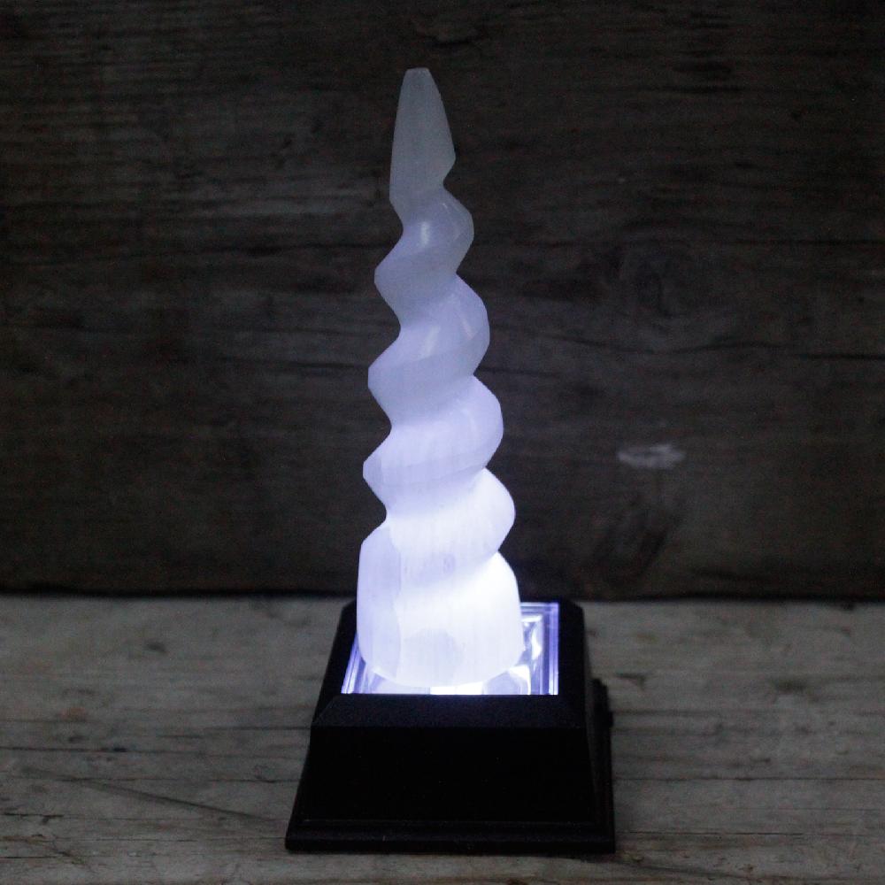 Ancient Wisdom Selenite Spiral Unicorn Horn Tower - 15 Cm