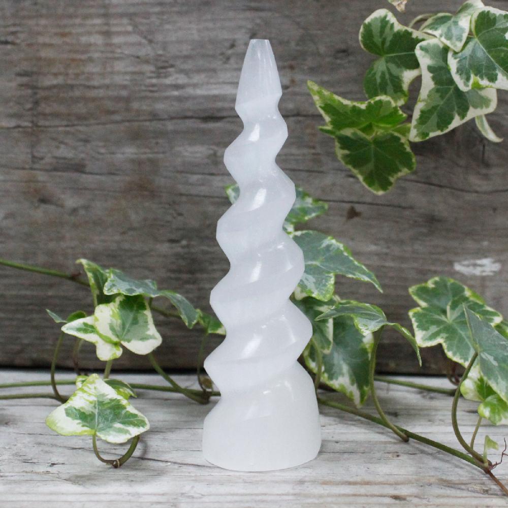 ancient wisdom Selenite Spiral Unicorn Horn Tower - 15 cm