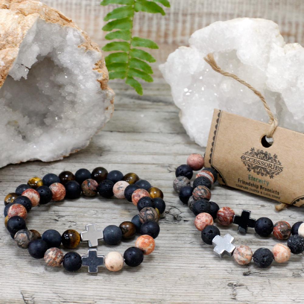 Ancient Wisdom Set Of 2 Gemstones Friendship Bracelets - Ethernity - Leopard Skin Jasper & Lava Stone