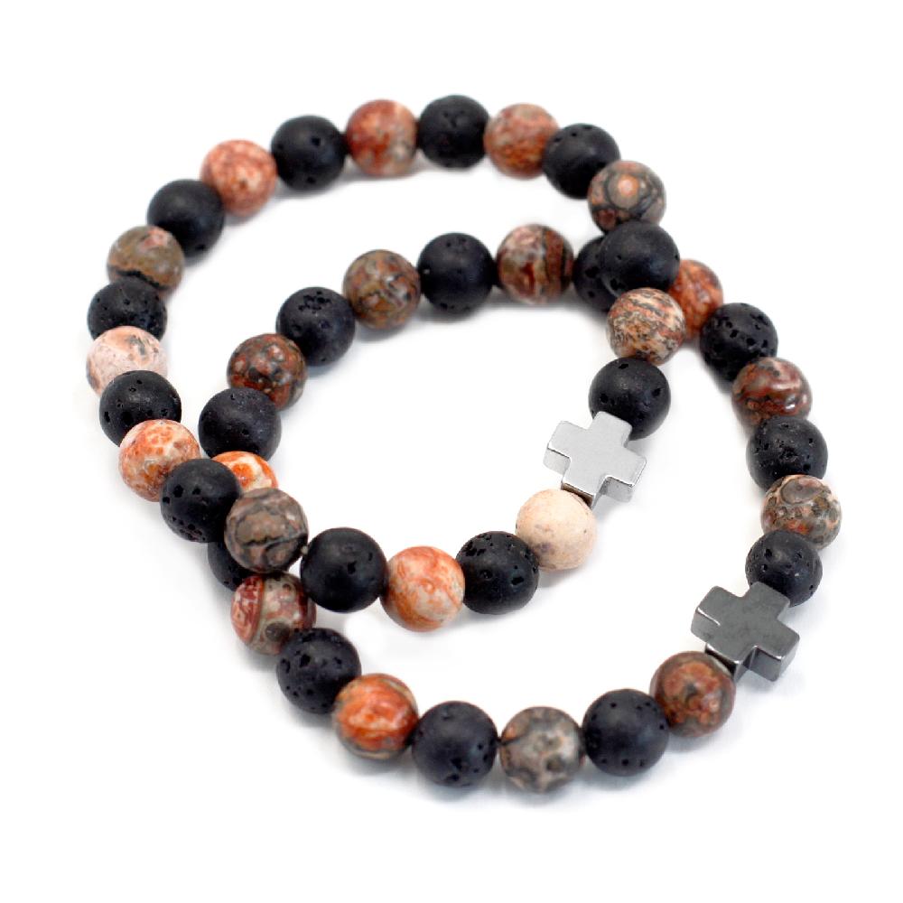 ancient wisdom Set of 2 Gemstones Friendship Bracelets - Ethernity - Leopard Skin Jasper & Lava Stone