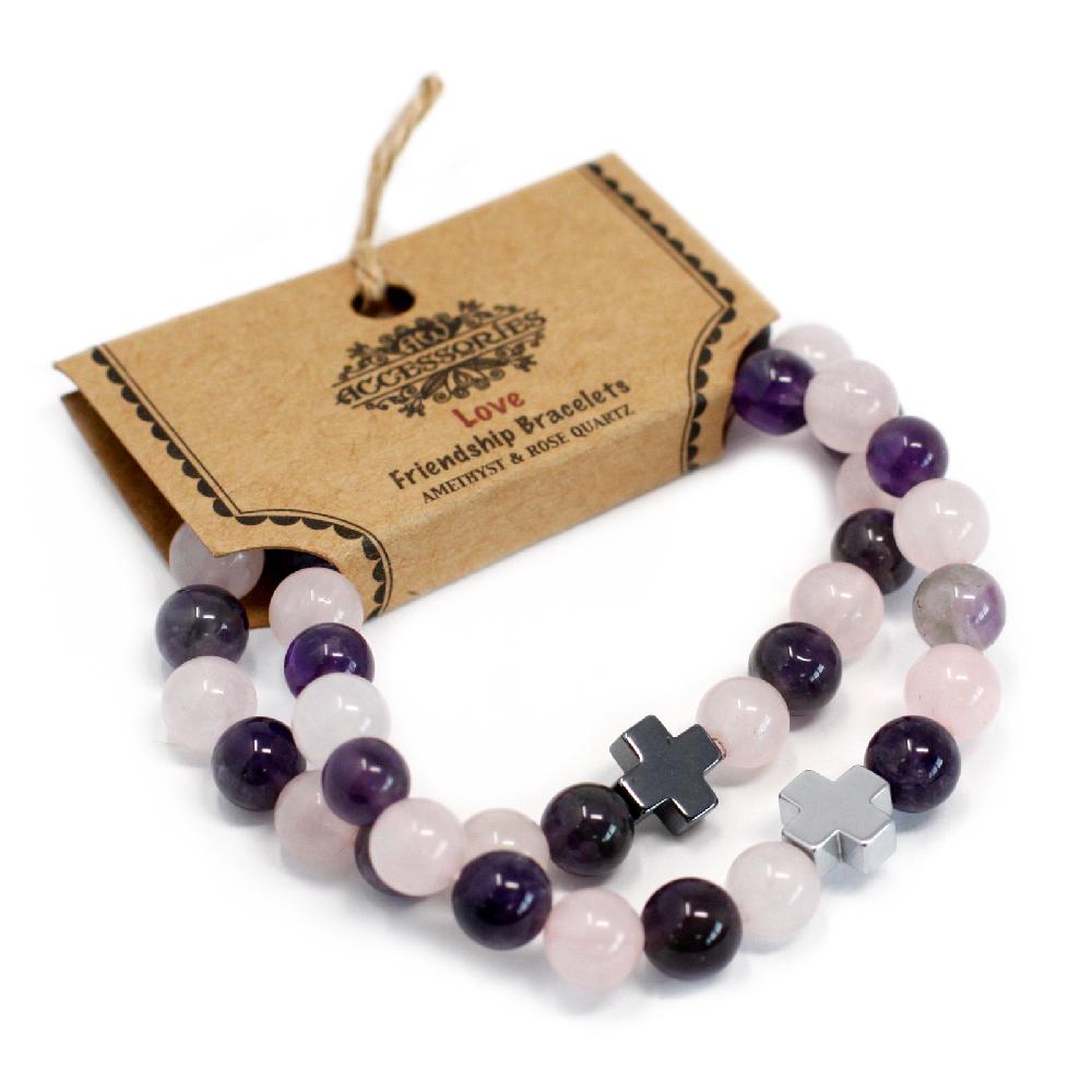 Ancient Wisdom Set Of 2 Gemstones Friendship Bracelets - Love - Amethyst & Rose Quartz