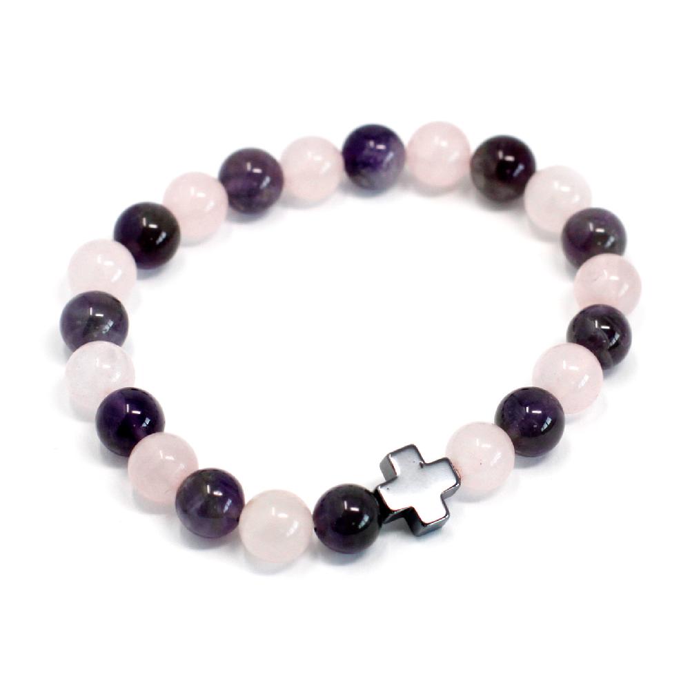 Ancient Wisdom Set Of 2 Gemstones Friendship Bracelets - Love - Amethyst & Rose Quartz