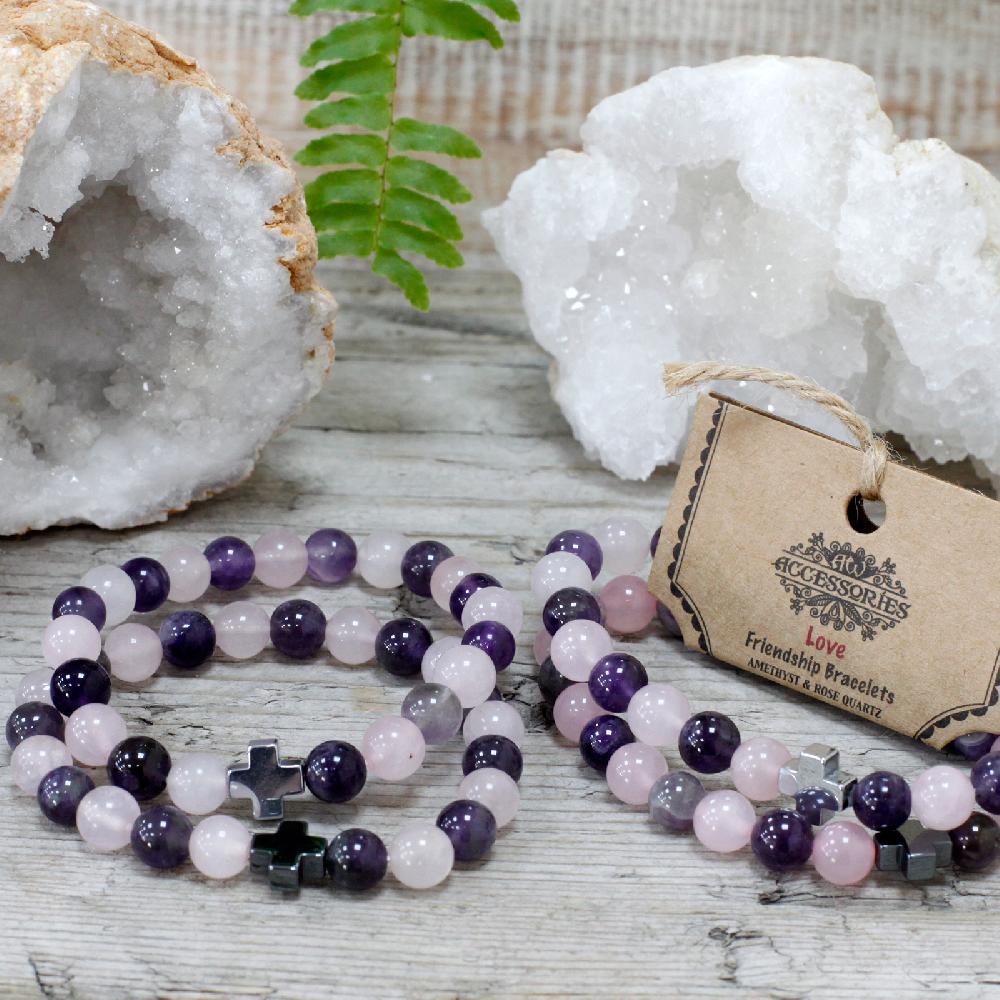 Ancient Wisdom Set Of 2 Gemstones Friendship Bracelets - Love - Amethyst & Rose Quartz