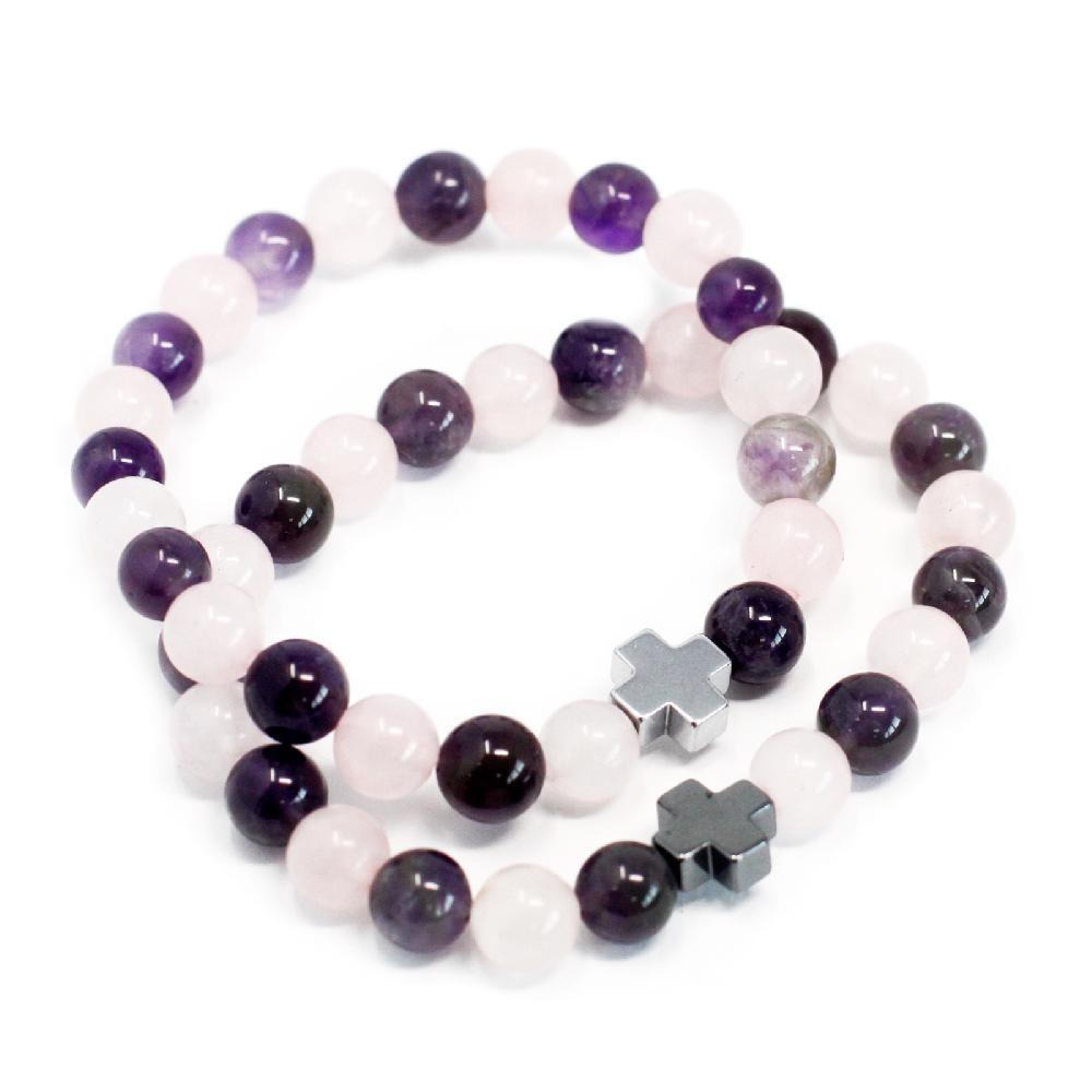ancient wisdom Set of 2 Gemstones Friendship Bracelets - Love - Amethyst & Rose Quartz