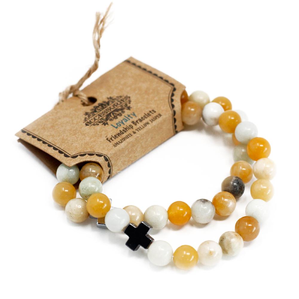 Ancient Wisdom Set Of 2 Gemstones Friendship Bracelets - Loyalty - Amazonite & Yellow Jasper