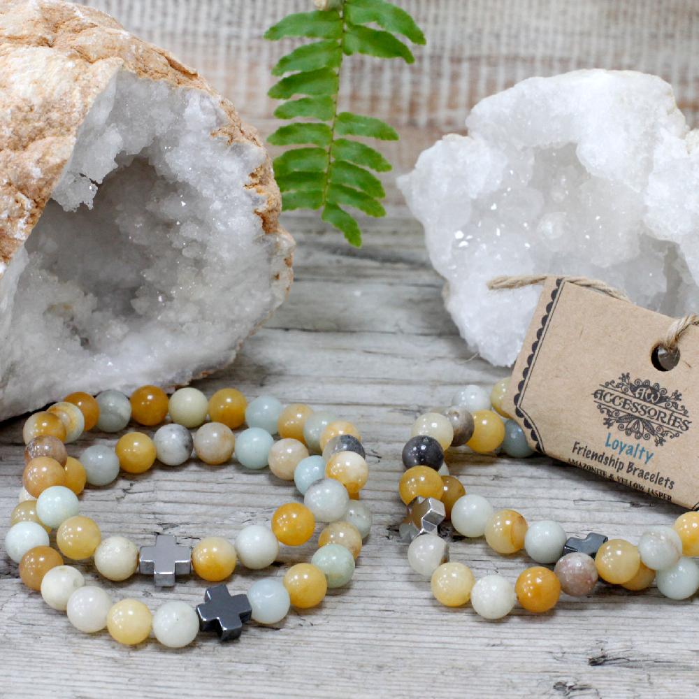 Ancient Wisdom Set Of 2 Gemstones Friendship Bracelets - Loyalty - Amazonite & Yellow Jasper