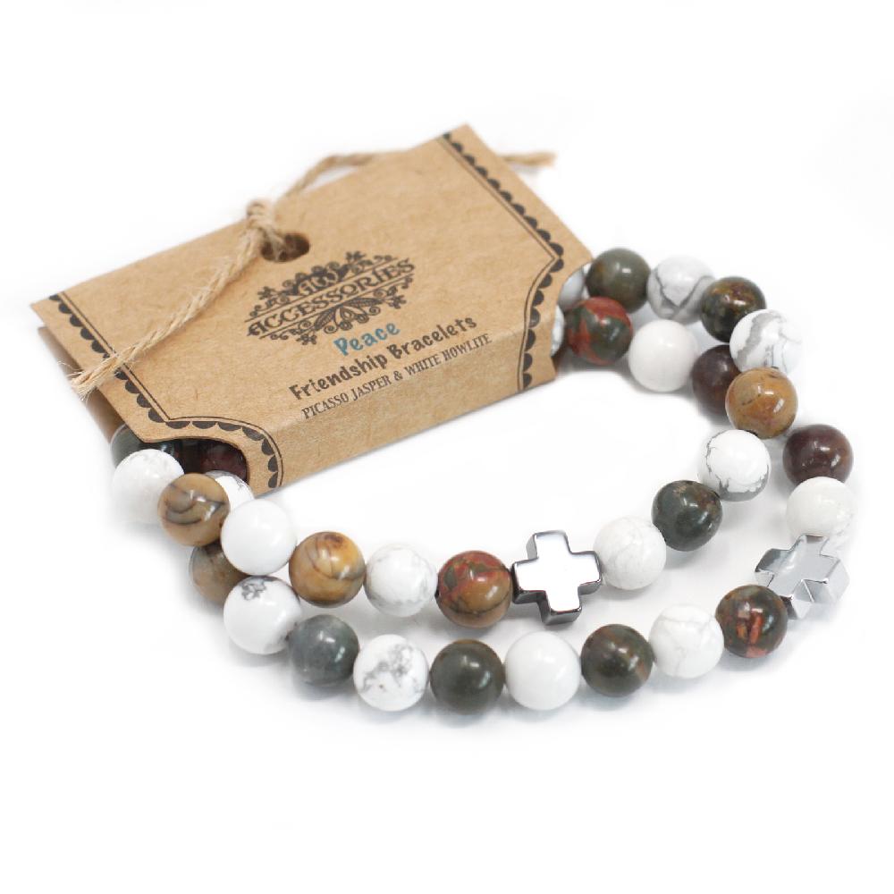 Ancient Wisdom Set Of 2 Gemstones Friendship Bracelets - Peace - Picasso Jasper & White Howlite