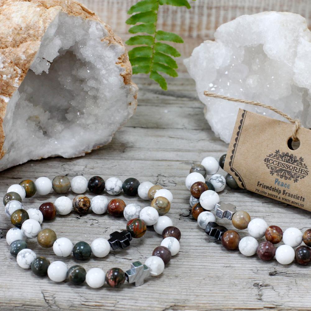 Ancient Wisdom Set Of 2 Gemstones Friendship Bracelets - Peace - Picasso Jasper & White Howlite