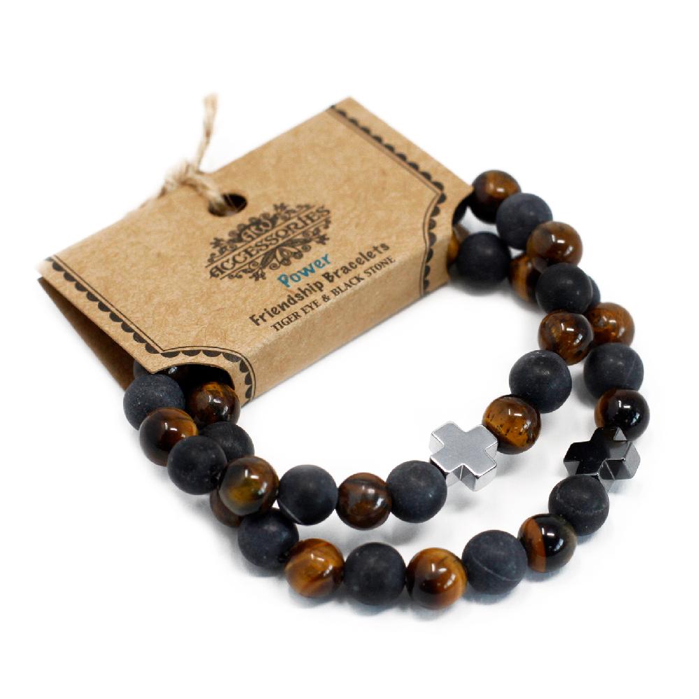 Ancient Wisdom Set Of 2 Gemstones Friendship Bracelets - Power - Tiger Eye & Black Stone